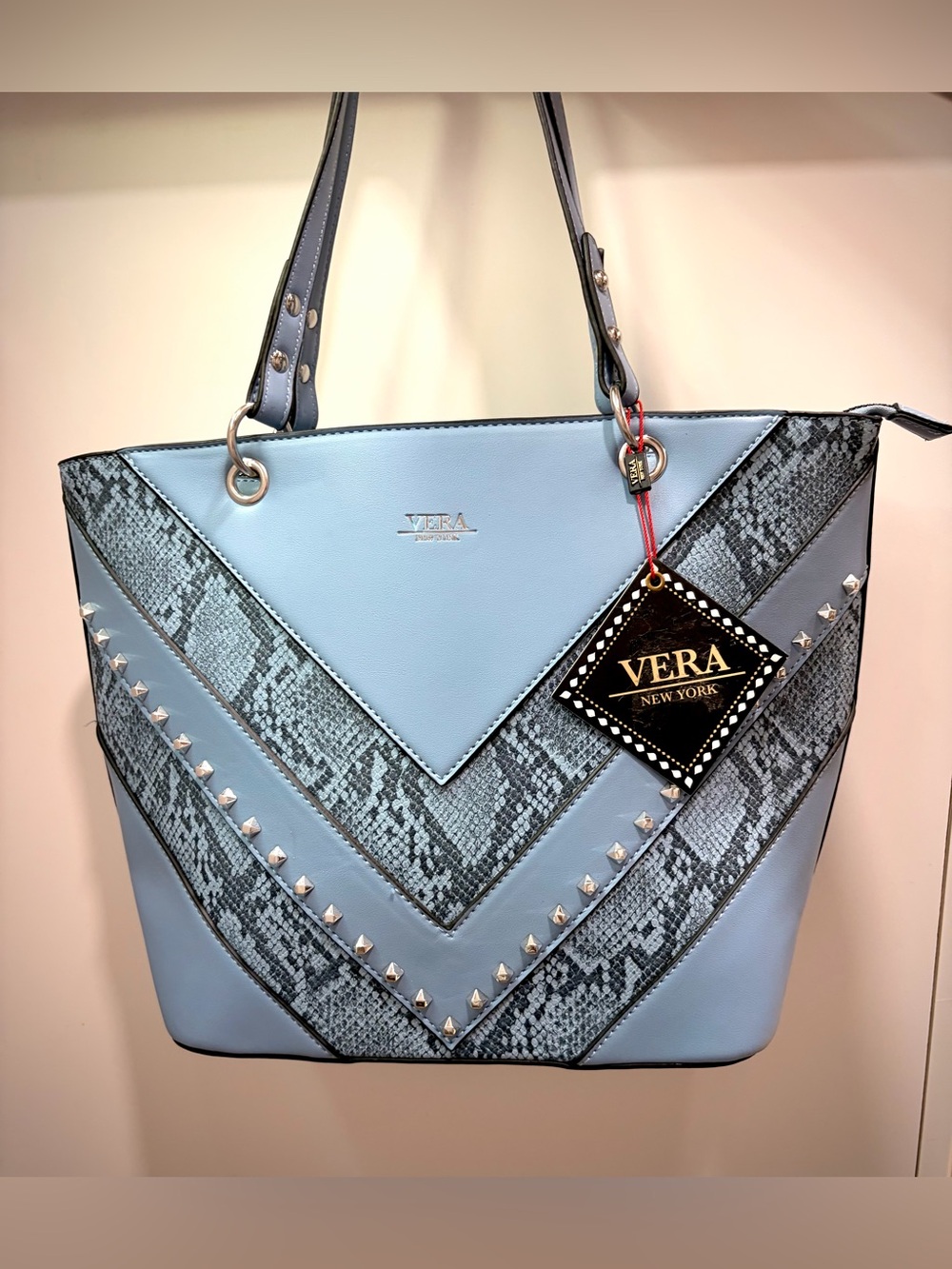Vera New York Sky Blue Studded Chevron Tote